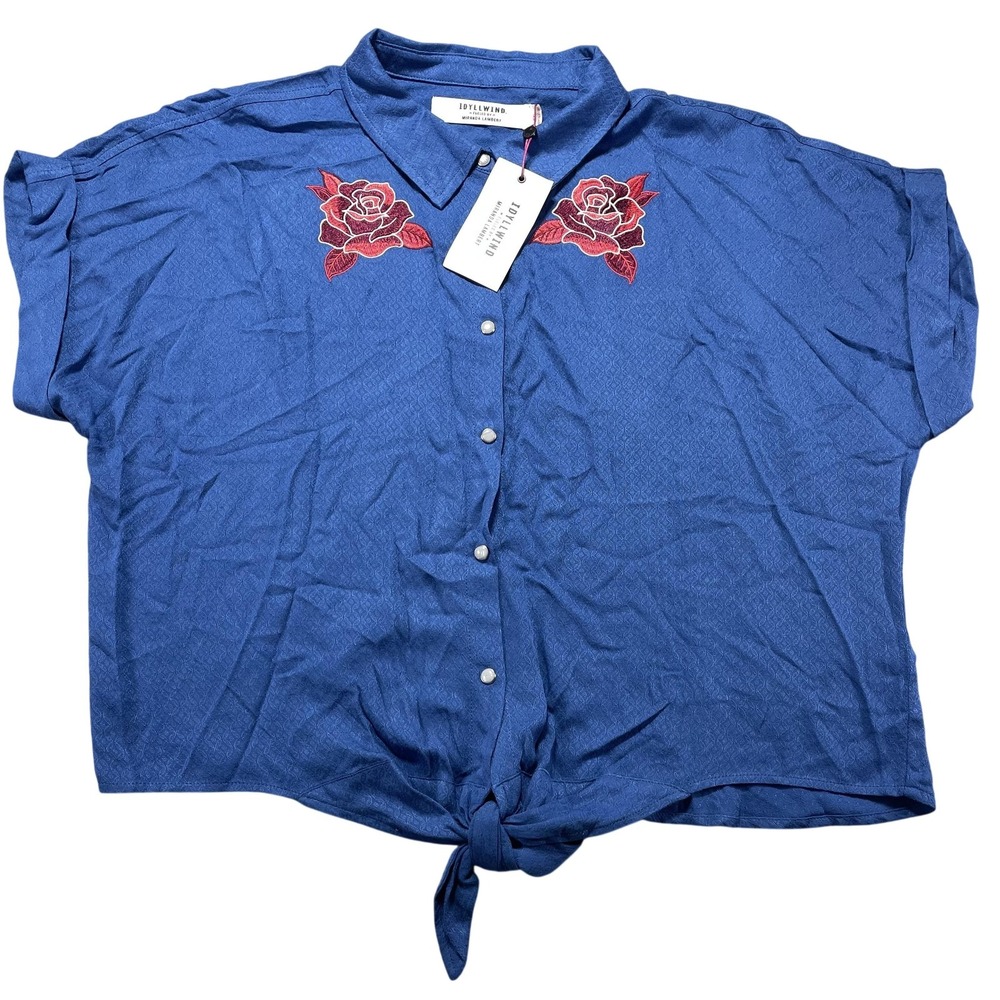 Idyllwind Shirt Womens XXL Blue Rose Embroidered Tie Front Snap Button Top